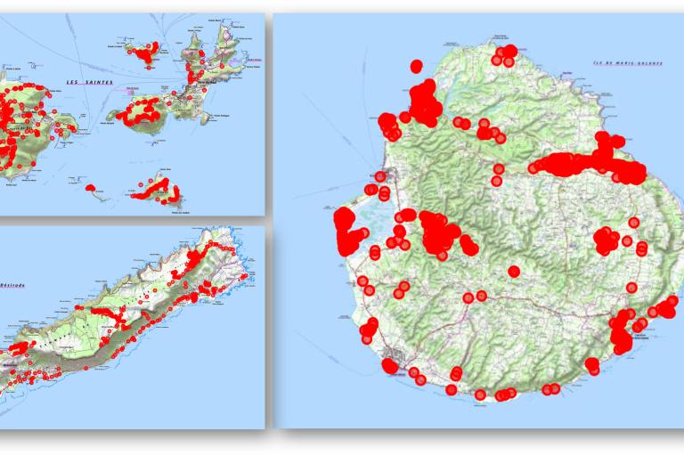 Carte des points de prospection terrestre sur les îles des Saintes, de Marie-Galante et de la Désirade