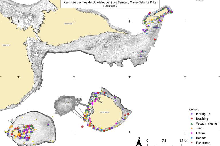Carte des points de prospection (stations), avec les méthodes de collectes, pour le volet marin de La Planète Revisitée - Îles de Guadeloupe